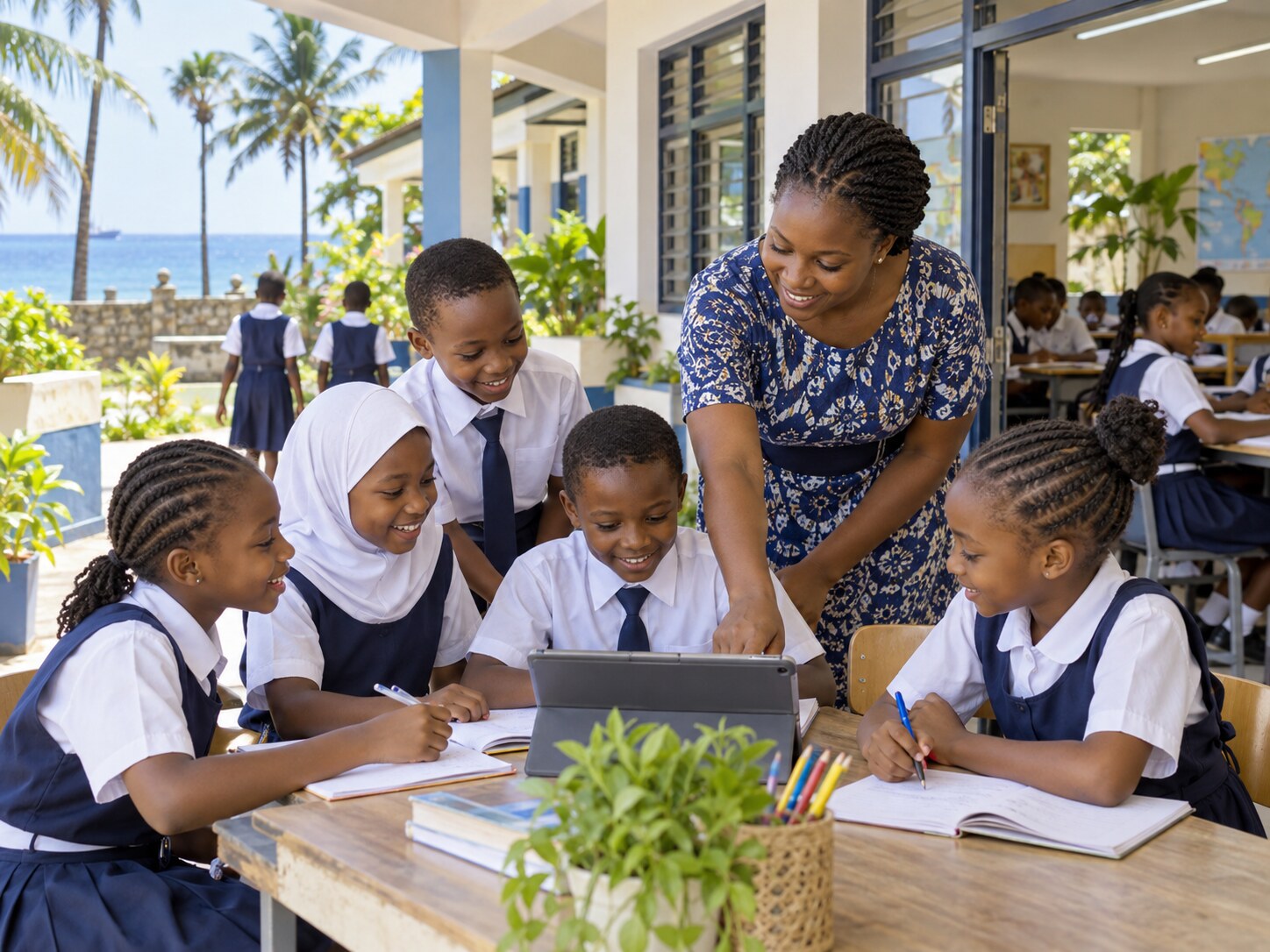 Learners and teacher together at school